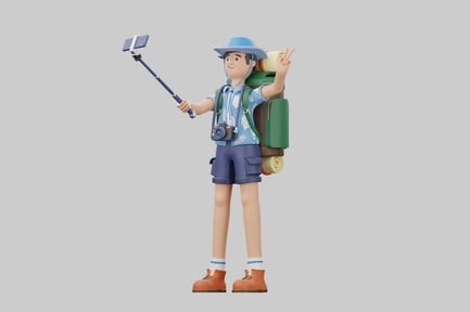 Preview: Happy cartoon hiker with selfie stick
