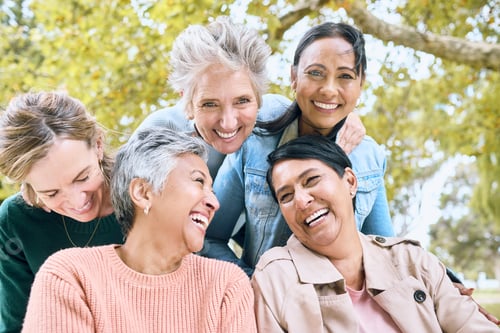 Preview: Senior women, laughing or bonding in nature park, public garden or relax environment in retirement,