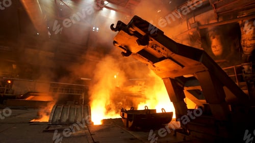 Preview: A mechanism with hooks in the hot shop with rising smoke and burning fire at the metallurgical plant