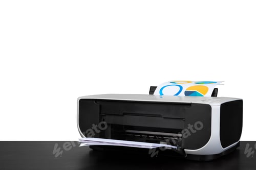 Preview: Laser home printer on table against white backgorund