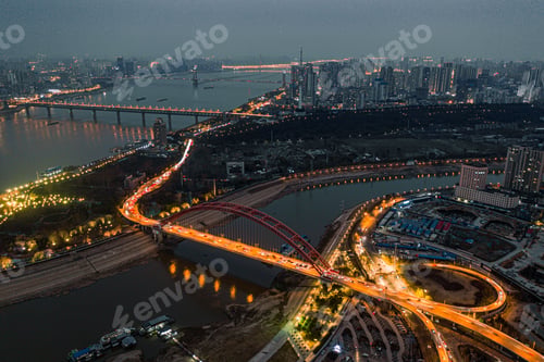Preview: Aerial shot of the cityscape of Wuhan at nighttime, China.