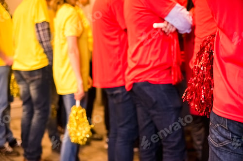 Preview: Two teams of people differentiated by the color of the shirts, on their backs.