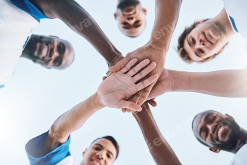 Preview: Sports, soccer and stack of hands of team for support, motivation and community on field. Collabora