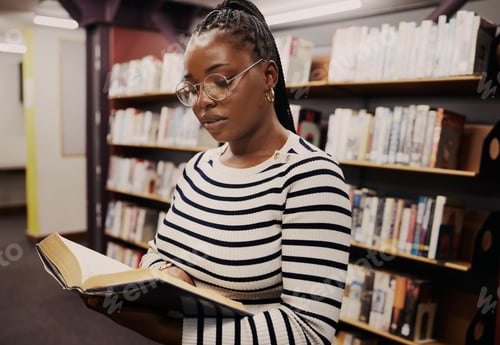 Preview: Black woman, library and books for school, student reading or education, English and language resea