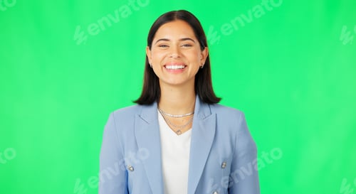 Preview: Smile, business woman and face on green screen, studio and color background for confidence, happine