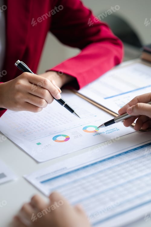 Preview: Two businessmen are brainstorming together and reviewing the company financial documents that the fi