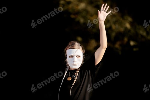 Preview: Woman acting in stage role in theater mask making smooth movements, stage role, theater performance