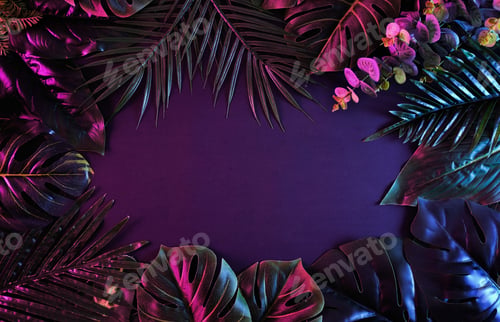 Preview: Surreal moody frame with vivid tropical plants. Modern and trendy retro concept.