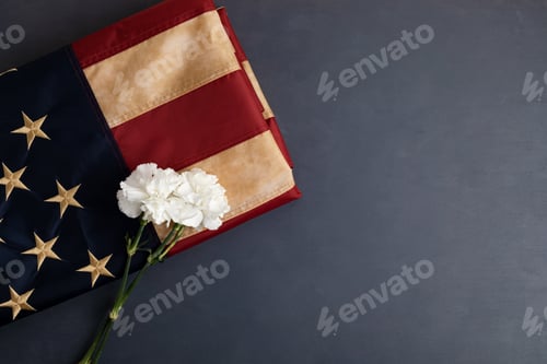 Preview: American Flag with White Flowers on Gray Background