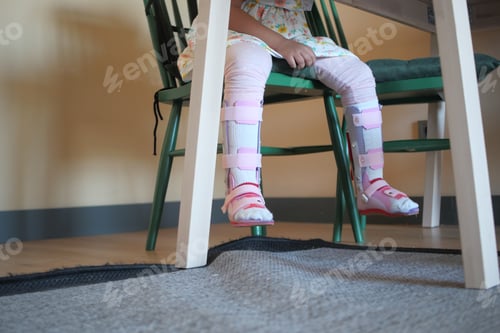 Preview: Child cerebral palsy disability with legs orthosis shoes sitting on a chair