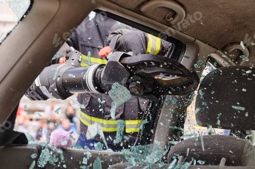 Preview: A dedicated team of professional firefighters employs specialized tools to cut and break through