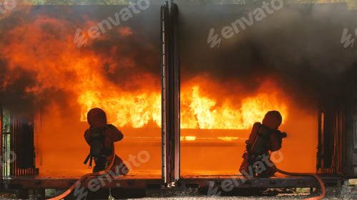 Preview: Firefighter fighting with flame using fire hose chemical water foam spray engine. Fireman hard hat