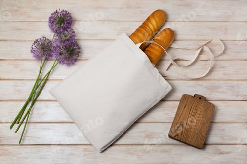 Preview: Tote bag mockup with french baguette