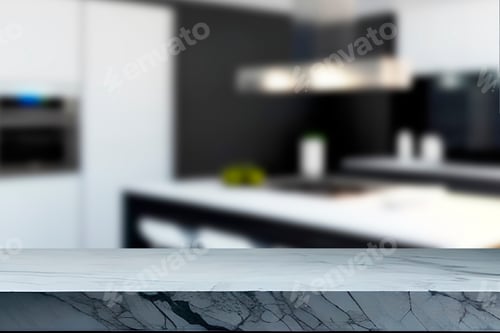 Preview: Empty marble top table with blurred kitchen interior Background. for product display.