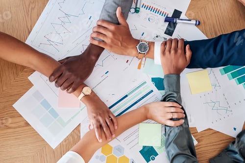 Preview: Group collaboration, hands on wrists and business diversity during sales meeting for creative marke
