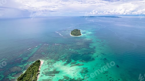 Preview: Aerial shot of a green island surrounded by tranquil ocean water in Bocas del Toro, Panama.