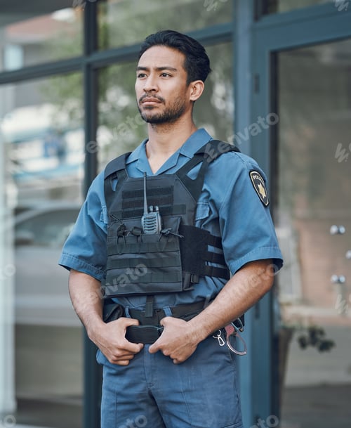 Preview: Security, police officer and man in uniform in city for defense, inspection and supervision on patr