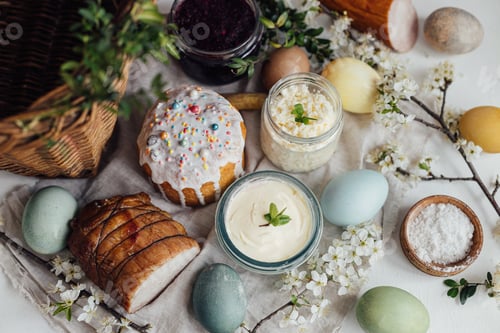 Preview: Traditional Easter basket food. Easter eggs, stylish easter bread, ham, beets, butter, cheese