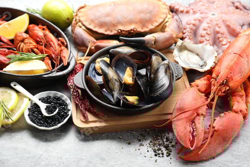 Preview: Many different sea food on grey table