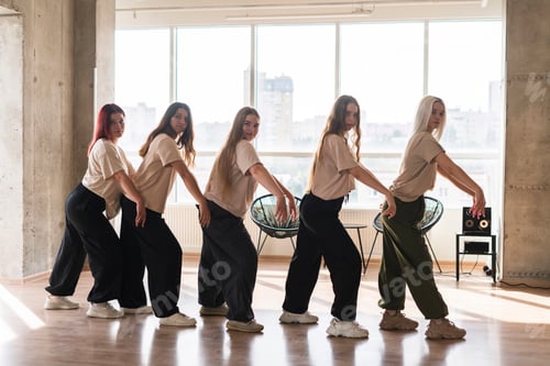 Preview: a female dancers crew doing synchrone moves in the dance studio