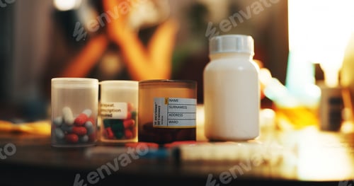 Preview: Drugs, container and pills on table in dark apartment with opioid crisis, crime and danger. Risk, s