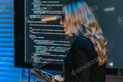 Preview: Female Software Engineer Presenting Code During Technical Meeting