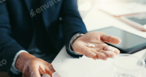 Preview: Business person, hands and pills for prescription, treatment or medical drugs for pain relief in of