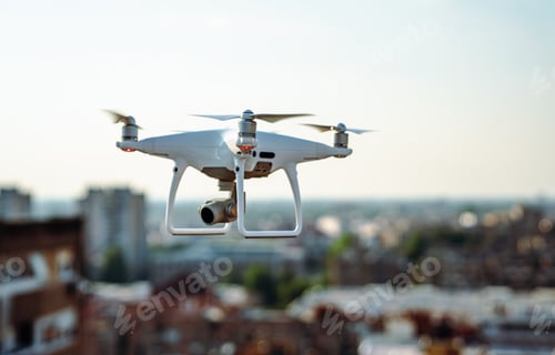 Preview: White drone quadcopter with digital camera outdoors