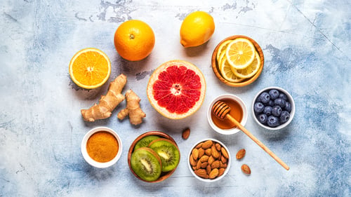 Healthy Food Ingredients on a Textured Blue Surface