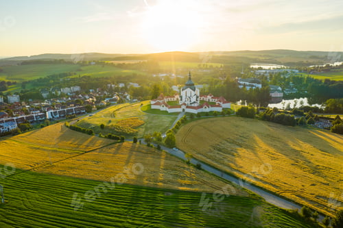 Preview: Aerial view of Pilgrimage Church of Saint John of Nepomuk on the Green Hill at sunset