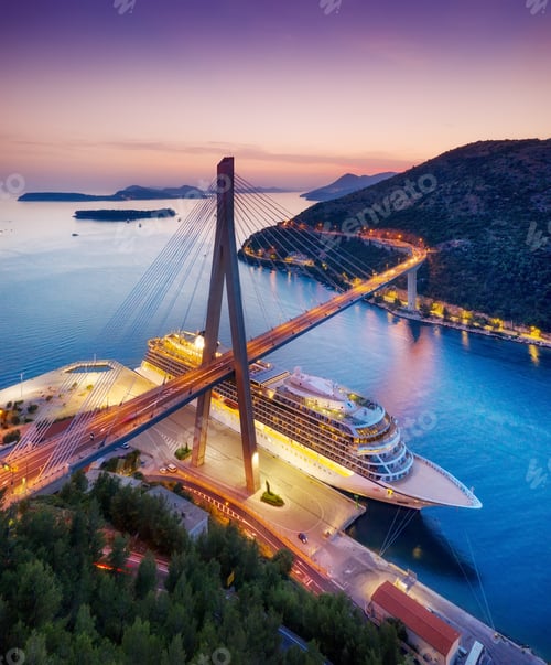 Preview: Dubrovnik harbour, Croatia. Air view of the cruise liner and bridge from the air.