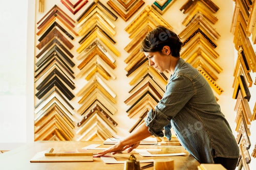 Preview: Woman working at a picture framers, a large selection of frames on the walls.