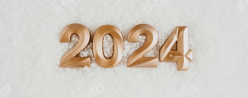 Preview: Greeting banner - happy new year with gold numbers 2024 on artificial snow white background