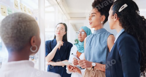 Preview: Sticky note, planning and business women in meeting sit down in office. Teamwork, collaboration and