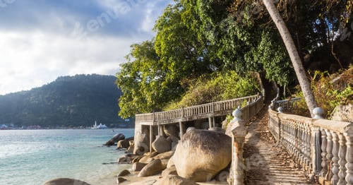 Preview: the old staircase to the jungle-covered hill
