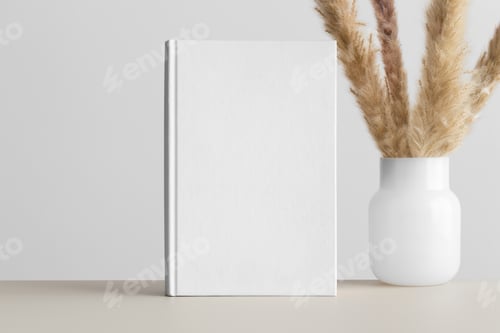 Preview: White book mockup with a pampas decoration on the beige table.
