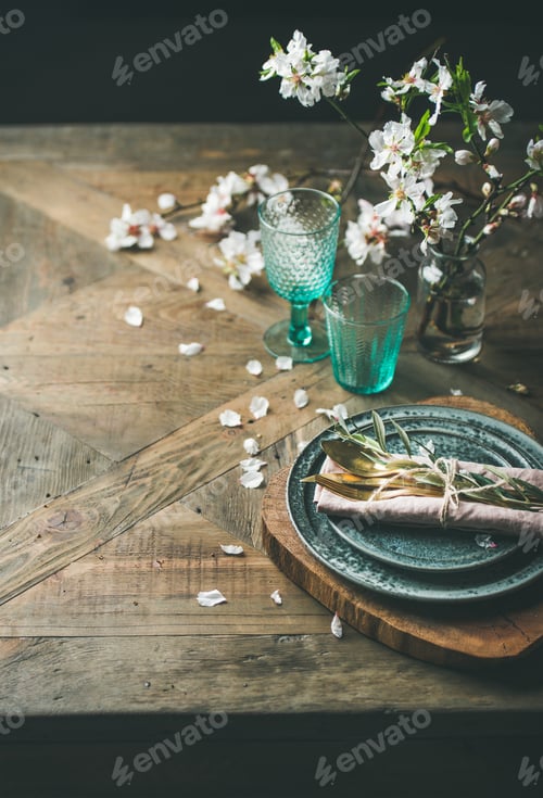 Preview: Spring Easter holiday Table setting over vintage wooden background