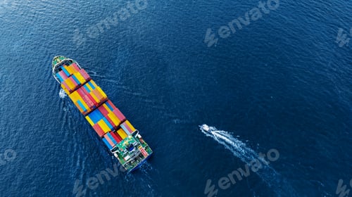 Preview: Aerial top view of cargo ship carrying container and running with Pilot Boat for export goods