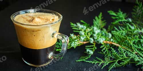 Preview: Cup Of Hot Coffee, Cocoa Or Hot Chocolate And Twigs Spruce On The Table, New Year Mood Menu Concept