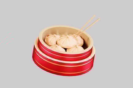 Preview: Steamed dumplings in bamboo basket with chopsticks