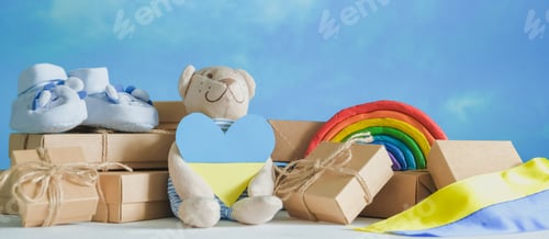 Preview: Donations Ukraine, volunteering, charity, war refugees. Litter of toys, clothes for children