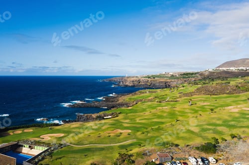 Preview: Golf course near the Atlantic ocean in Tenerife, Spain, green Golf course, tennis court in the