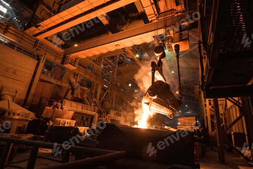 Preview: Tank pours liquid metal in the molds at the steel mill. Interior of a steel mill.