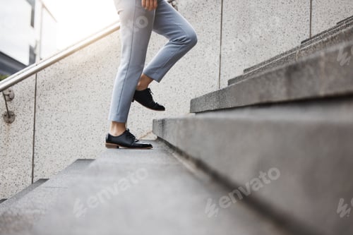 Preview: Walking, shoes and business woman on steps for morning commute, journey and travel. Professional go
