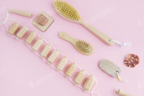 Preview: Concept of Spa-cosmetic and cosmetic procedures. Spa-sea salt, wooden comb, massager