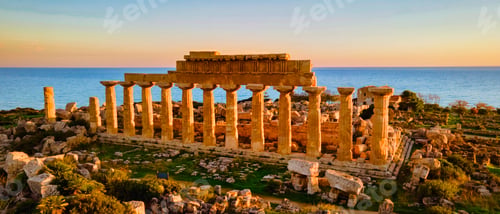 Preview: View on sea and ruins of greek columns in Selinunte Archaeological Park Sicily