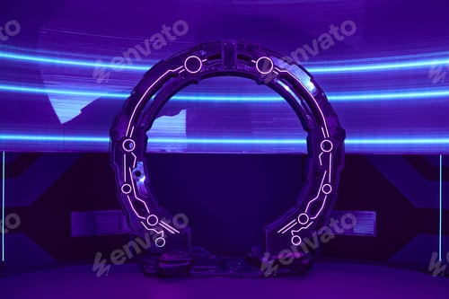 Preview: futuristic invention, space exploration, arch-shaped neon-lit device in science center