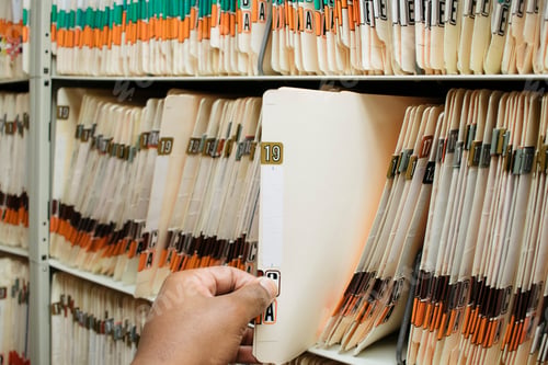 Preview: African American man pulling medical records, charts, from pile