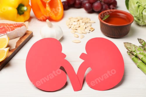 Preview: Paper cutout of kidneys and different products on white wooden table