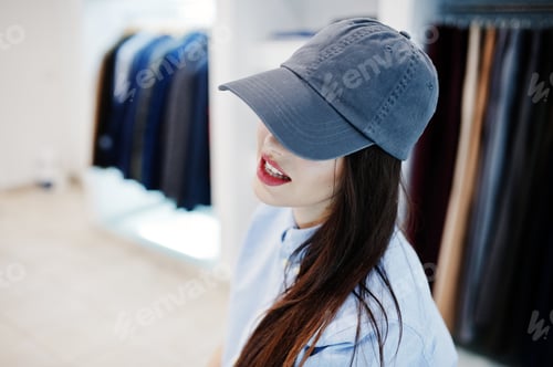 Preview: Brunette gorgeous girl in the clothing store boutique at casual clothes and cap.